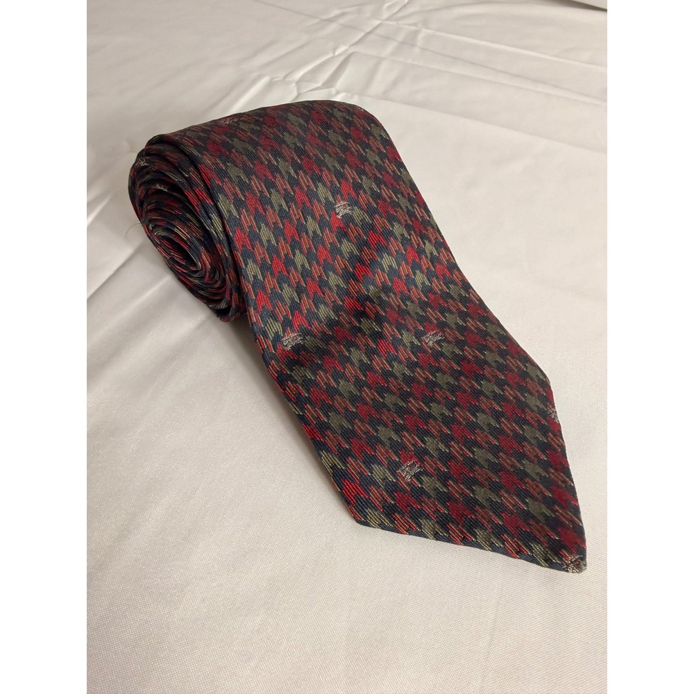 Burberrys Silk Tie OS Red Navy Gold Geometric Prancing Horse Made in England